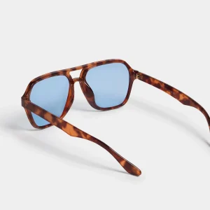 Men's Tortoiseshell Rectangular Sunglasses with Blue Lenses