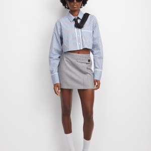 Women's Grey Mini Skirt with Belt and Button Detail