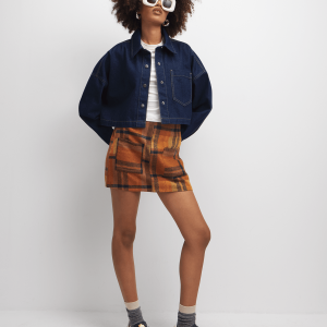 Check Melton Mini Skirt with Patch Pockets