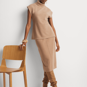 Soft-Touch Pintuck Flat-Front Midi Skirt