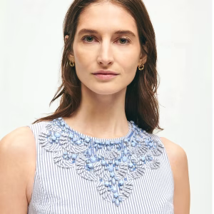 Striped Seersucker Beaded Collar Cotton Dress