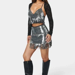 Black Sequin Fringe Mini Skirt