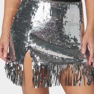 Black Sequin Fringe Mini Skirt
